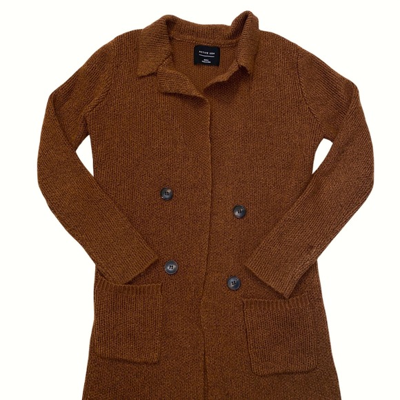 Active USA Sweaters - Active USA Women Rust Brown Double Breasted Knit Cardigan Sweater Small Academia